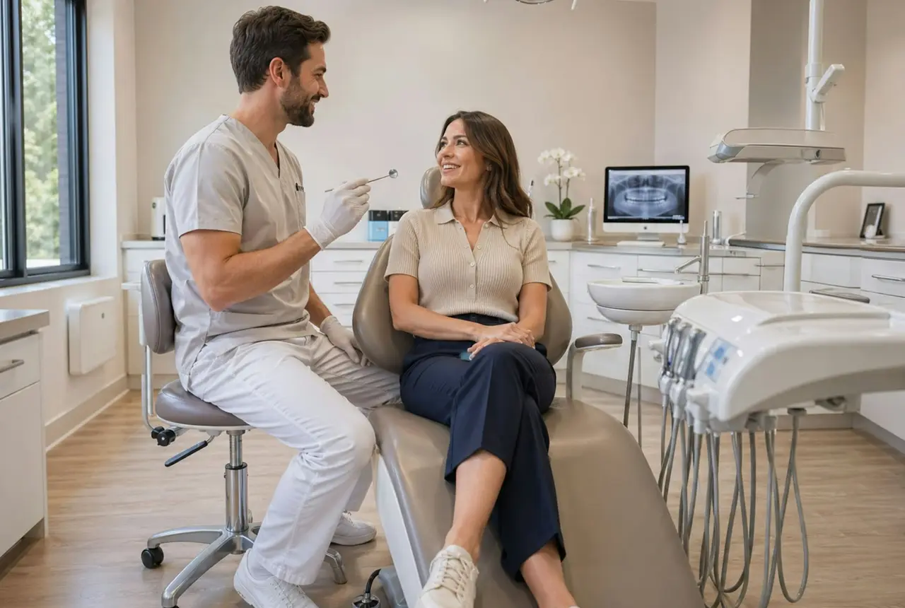 Odontólogo conversando con una paciente en su consultorio